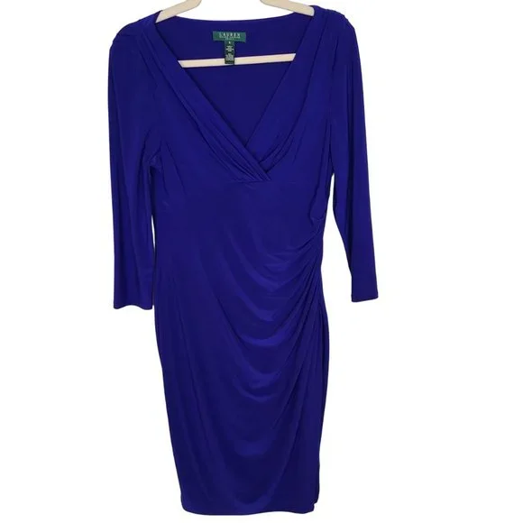 lauren ralph lauren ruched jersey dress Ralph Lauren Ruched Jersey Long-Sleeve Evening Dress In Antique Blue - 30% Off